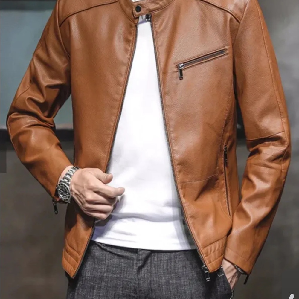 Designer Slim Fit Size Medium or Large Tan Leather Jacket Fleece Lining Vegan